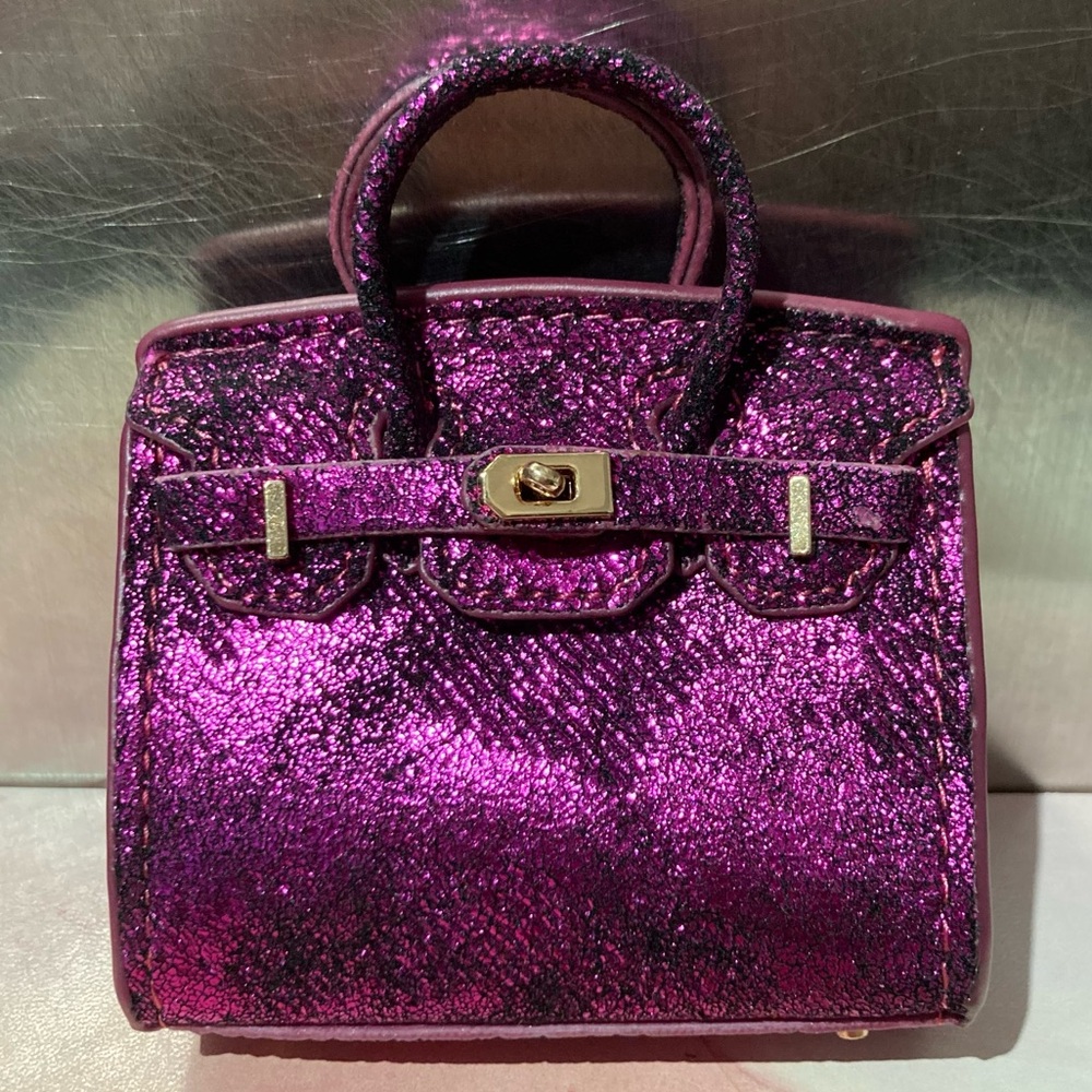 👜Handmade Mini Metallic Fuchsia Crackled Birkin AirPods Tote Bag Charm Miniature